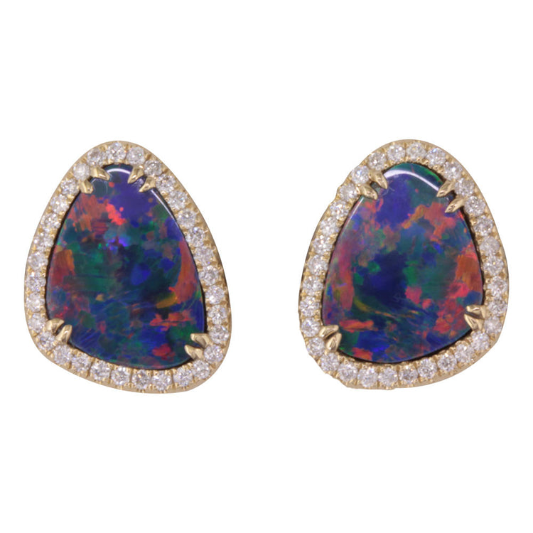 14K Yellow Gold Australian Opal Doublet/Diamond Earrings