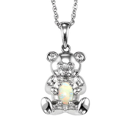 Silver Teddy Bear Birthstone Pendant - Opal - October