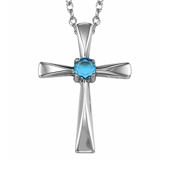 Silver Cross Birthstone Pendant - Aqua - March