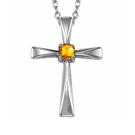 Silver Cross Birthstone Pendant - Citrine - November