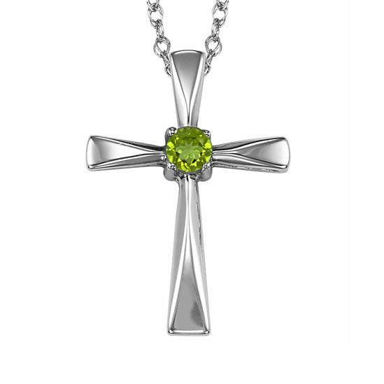 Silver Cross Birthstone Pendant - Peridot - August