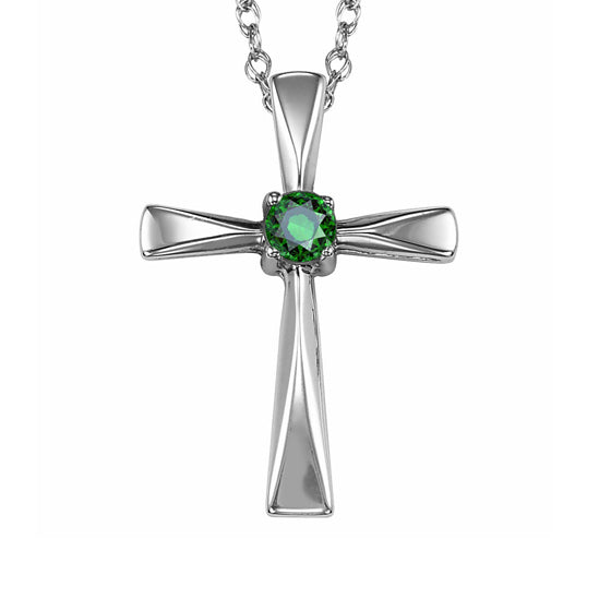 Silver Cross Birthstone Pendant - Emerald - May