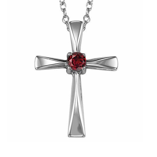 Silver Cross Birthstone Pendant - Garnet - January