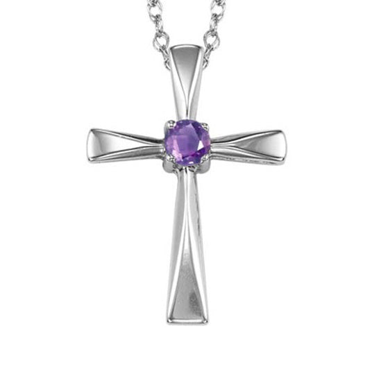 Silver Cross Birthstone Pendant - Amethyst - February