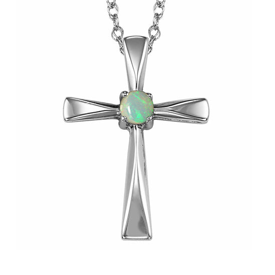 Silver Cross Birthstone Pendant - Opal - October