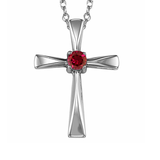 Silver Cross Birthstone Pendant - Ruby - July