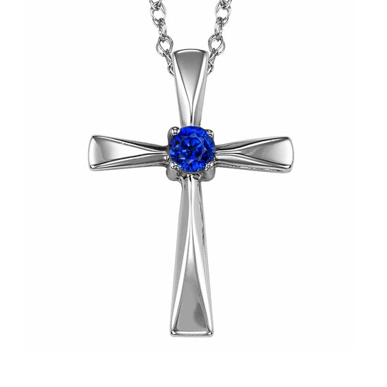 Silver Cross Birthstone Pendant - Sapphire - September