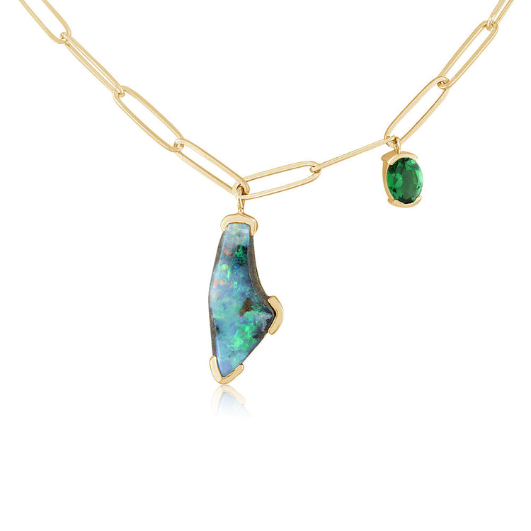 14K Yellow Gold Australian Boulder Opal/Tsavorite Charm Neckpiece