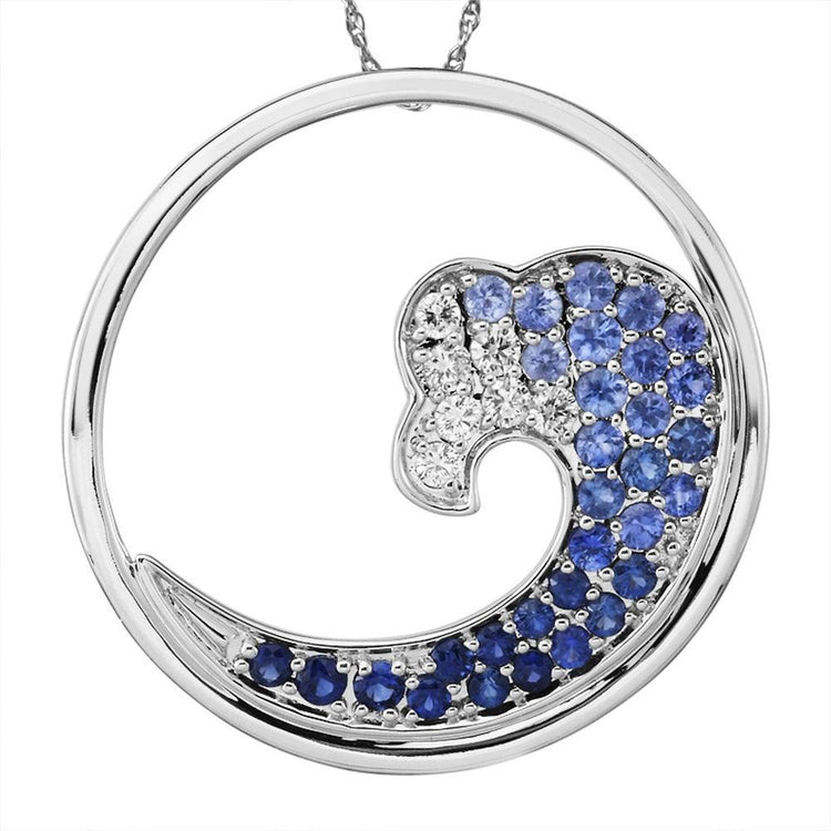 Sterling Silver Graduated Blue Sapphire 30mm Wave Pendant