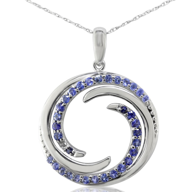 Sterling Silver Graduated Blue Sapphire Wave Pendant
