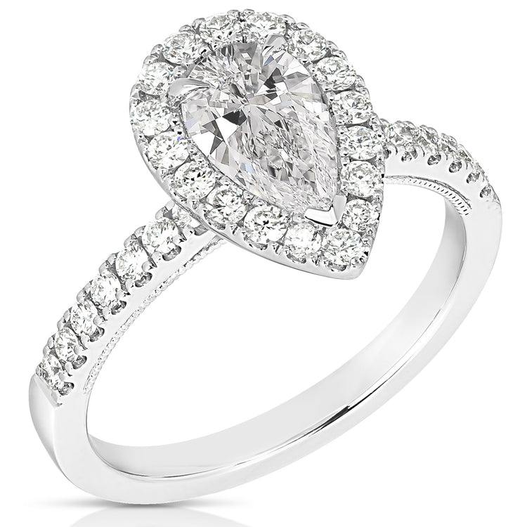 1 CT CENTER PEAR SHAPE HALO LAB GROWN ENGAGEMENT RING