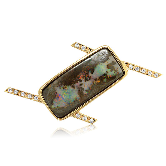 14K Yellow Gold Australian Boulder Opal/Diamond Lapel Pin with Yellow Plated Post & Back