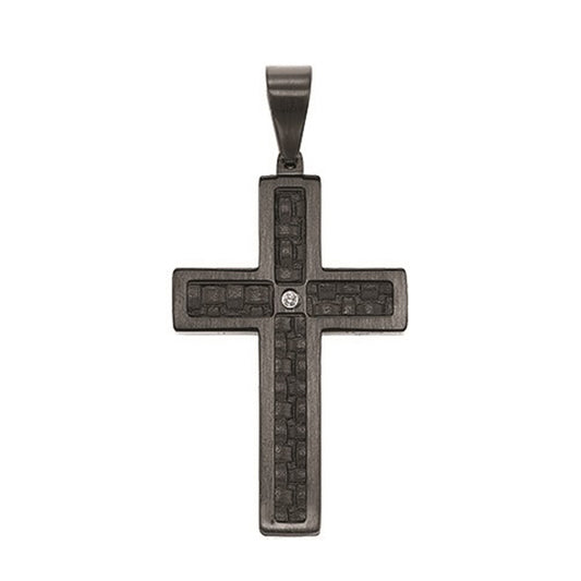 Steel and Black Leather Diamond Cross