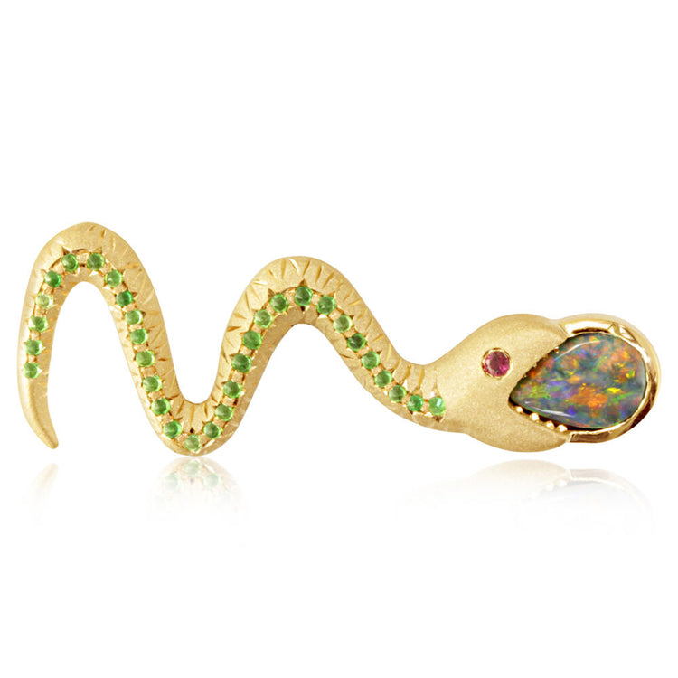 14K Yellow Gold Australian Black Opal/Diamond Snake Lapel Pin with Yellow Plated Post & Back