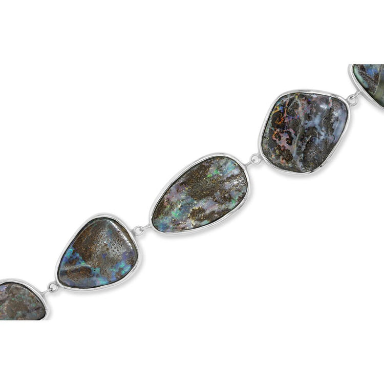 Sterling Silver Boulder Opal Plain Bezel Double Link Slide Clasp Bracelet