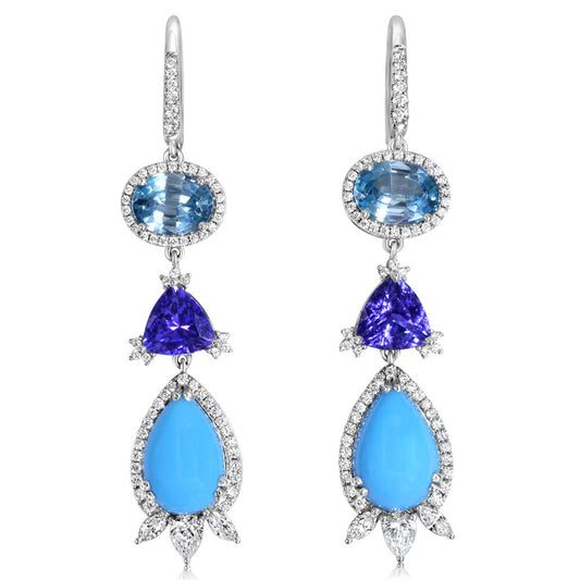 18K White Gold Arizona Turquoise,Tanzanite,Blue Zircon,Diamond Earrings I,H,H