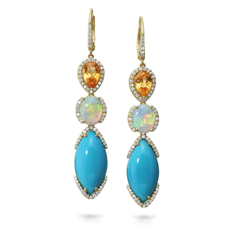 14K Yellow Gold Arizona Turquoise/Australian Opal/Mandarine Garnet/Diamond Earrings