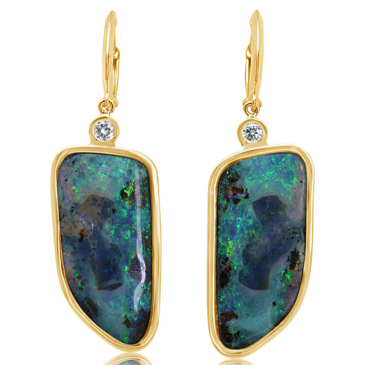 14K Yellow Gold Boulder Opal/Diamond Earrings