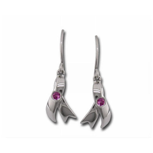 14K White Gold Breast Cancer Ribbon Pink Sapphire Dangle Earrings