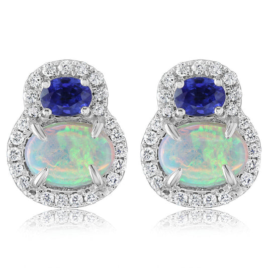 14K White Gold Australian Opal/Blue Sapphire/Diamond Earrings