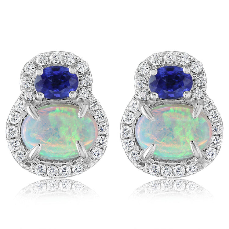 14K White Gold Australian Opal/Blue Sapphire/Diamond Earrings