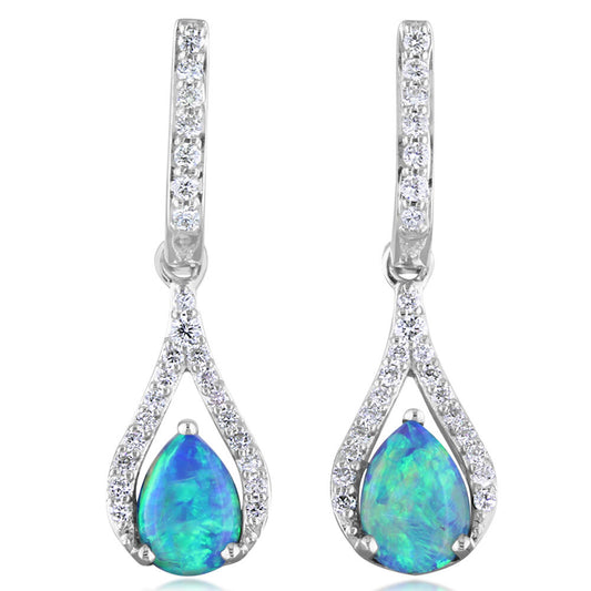 14K White Gold Australian Opal Doublet/Diamond Earrings