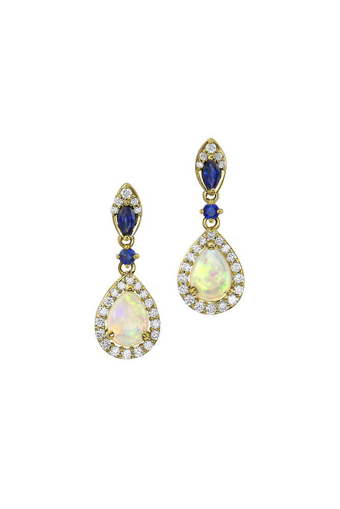 14K Yellow Gold Australian Opal/Sapphire/Diamond Earrings ,H