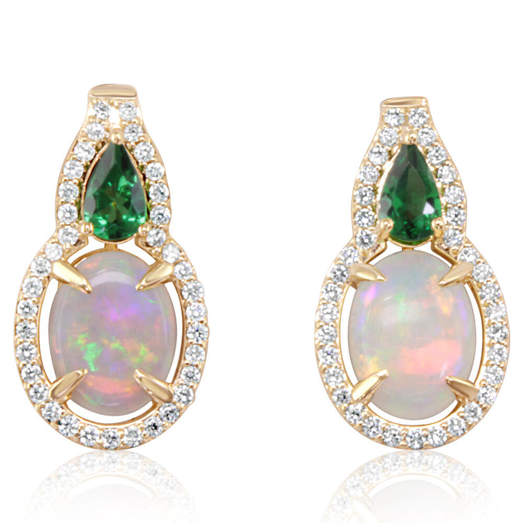 14K Yellow Gold Australian Opal/Tsavorite/Diamond Earrings