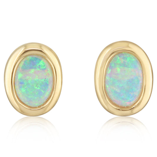 14K Yellow Gold 5x7 Oval Australian Opal Earrings