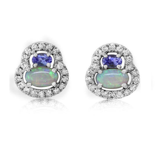 14K White Gold Australian Opal/Tanzanite/Diamond Earrings ,H