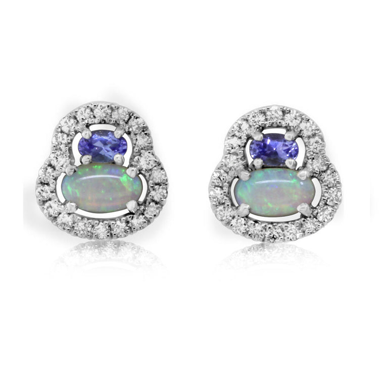 14K White Gold Australian Opal/Tanzanite/Diamond Earrings ,H