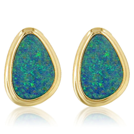 14K Yellow Gold Australian Opal Doublet Wide Bezel Earrings