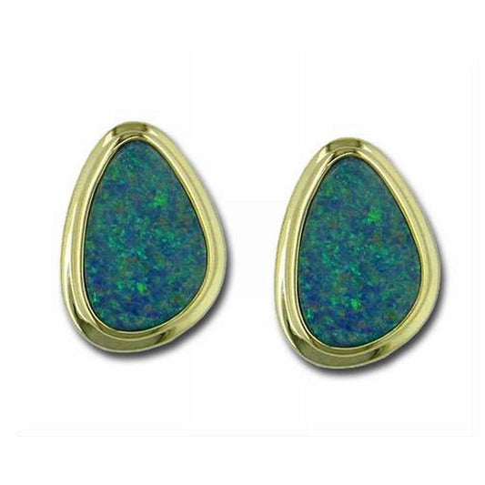 14K Yellow Gold Australian Opal Doublet Wide Bezel Earrings