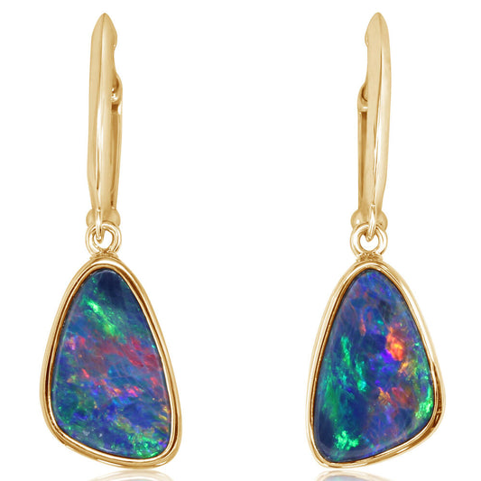 14K Yellow Gold Australian Opal Doublet Plain Bezel Leverback Earrings