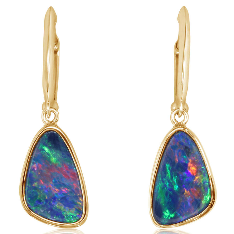 14K Yellow Gold Australian Opal Doublet Plain Bezel Leverback Earrings