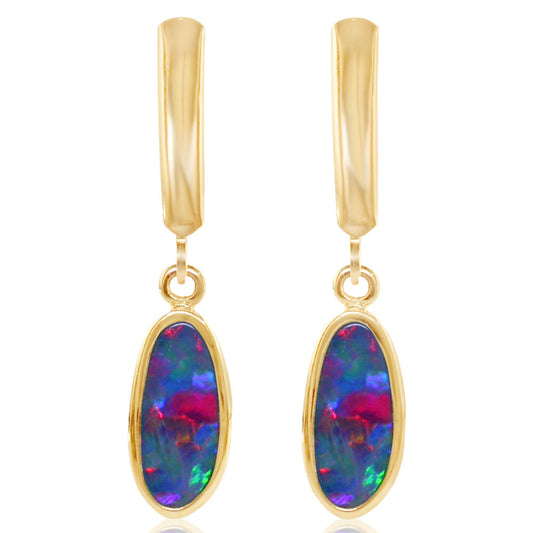 14K Yellow Gold Australian Opal Doublet Leverback Earrings