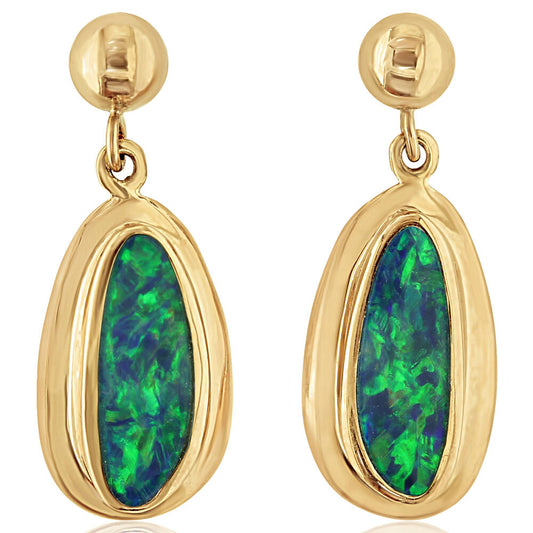 14K Yellow Gold Australian Opal Doublet Wide Bezel Dangle Earrings