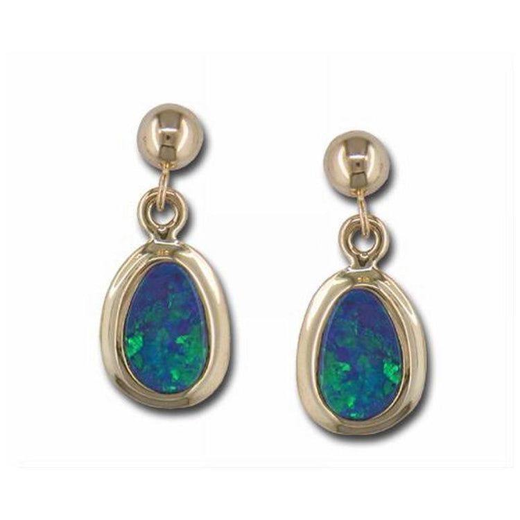 14K Yellow Gold Australian Opal Doublet Wide Bezel Dangle Earrings