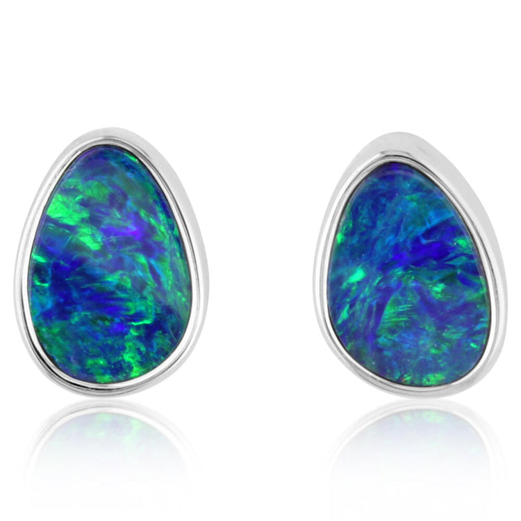 14K White Gold Australian Opal Doublet Earrings