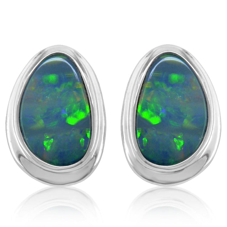 14K White Gold Australian Opal Doublet Wide Bezel Earrings