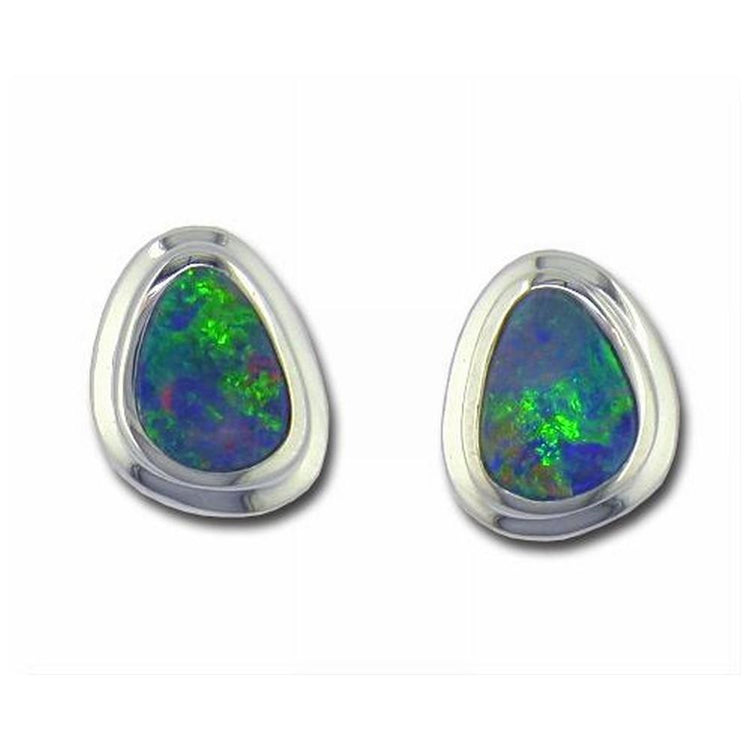 14K White Gold Australian Opal Doublet Wide Bezel Earrings