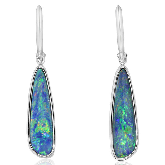 14K White Gold Australian Opal Doublet Plain Bezel Leverback Earrings