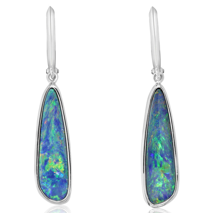 14K White Gold Australian Opal Doublet Plain Bezel Leverback Earrings