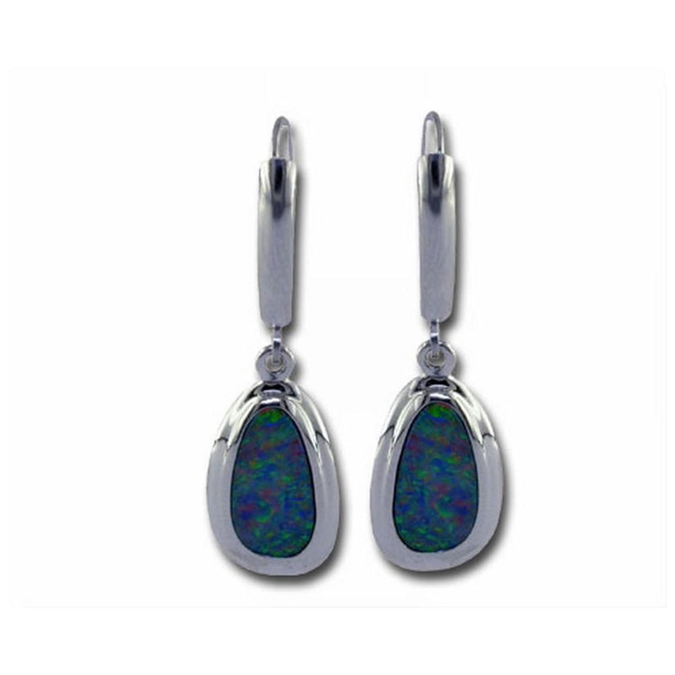 14K White Gold Australian Opal Doublet Wide Bezel Leverback Earrings