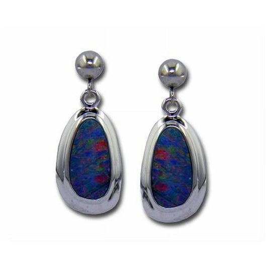 14K White Gold Australian Opal Doublet Wide Bezel Dangle Earrings