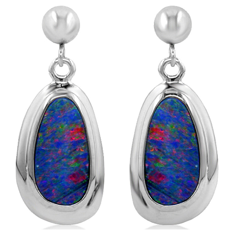 14K White Gold Australian Opal Doublet Wide Bezel Dangle Earrings