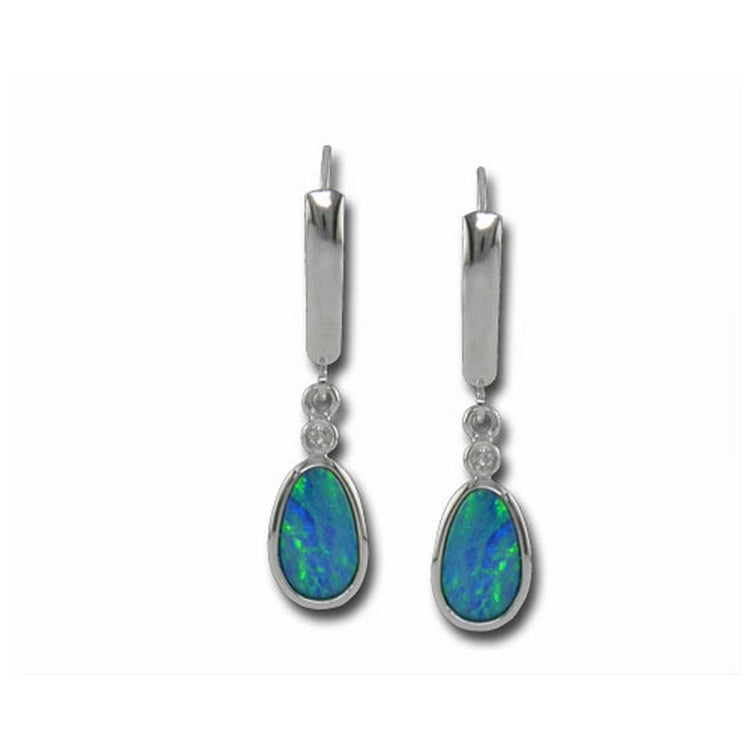 14K White Gold Australian Opal Doublet with Diamond Earrings