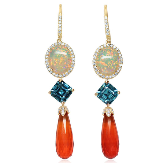 14K Yellow Gold Fire Opal/Blue Zircon/Diamond Earrings