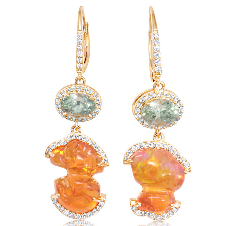 14K Yellow Gold Mexican Fire Opal/Mint Garnet/Diamond Earrings