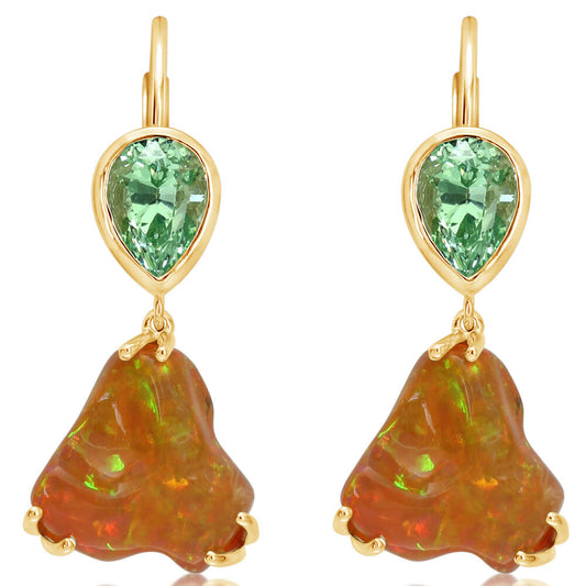 14K Yellow Gold Fire Opal/Mint Garnet Earrings